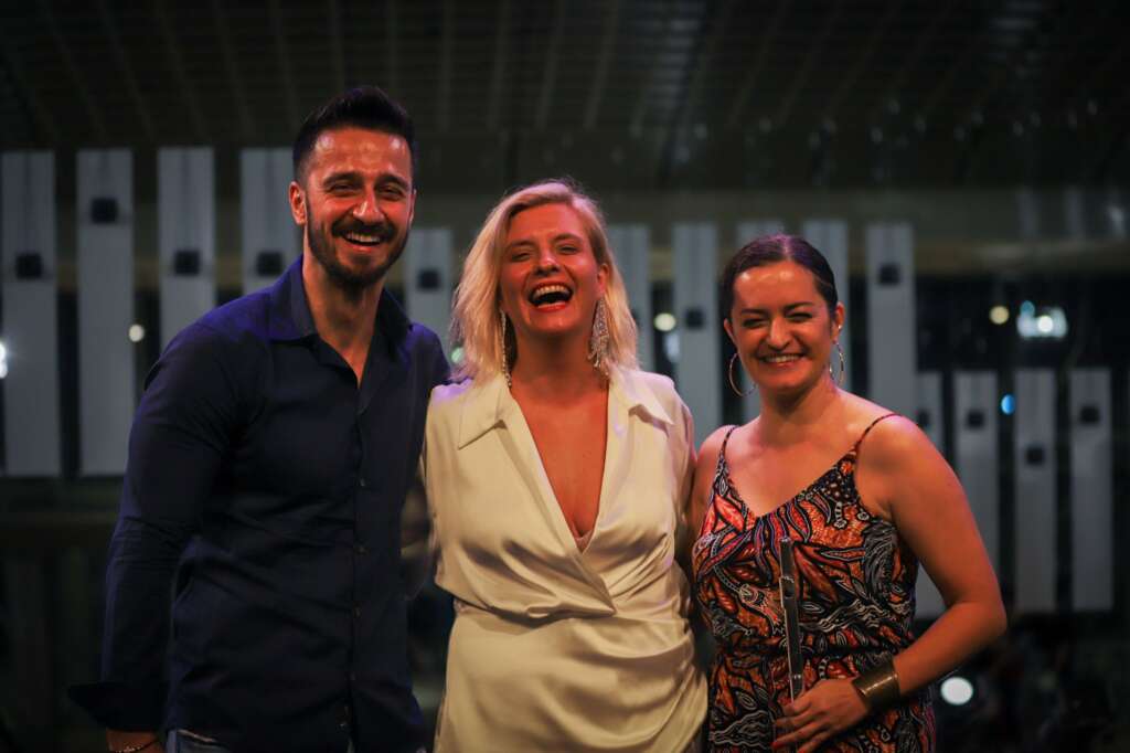 Macedonian music performers Boyana, Stefan and Irena at Esplanade Upper Concourse Singapore