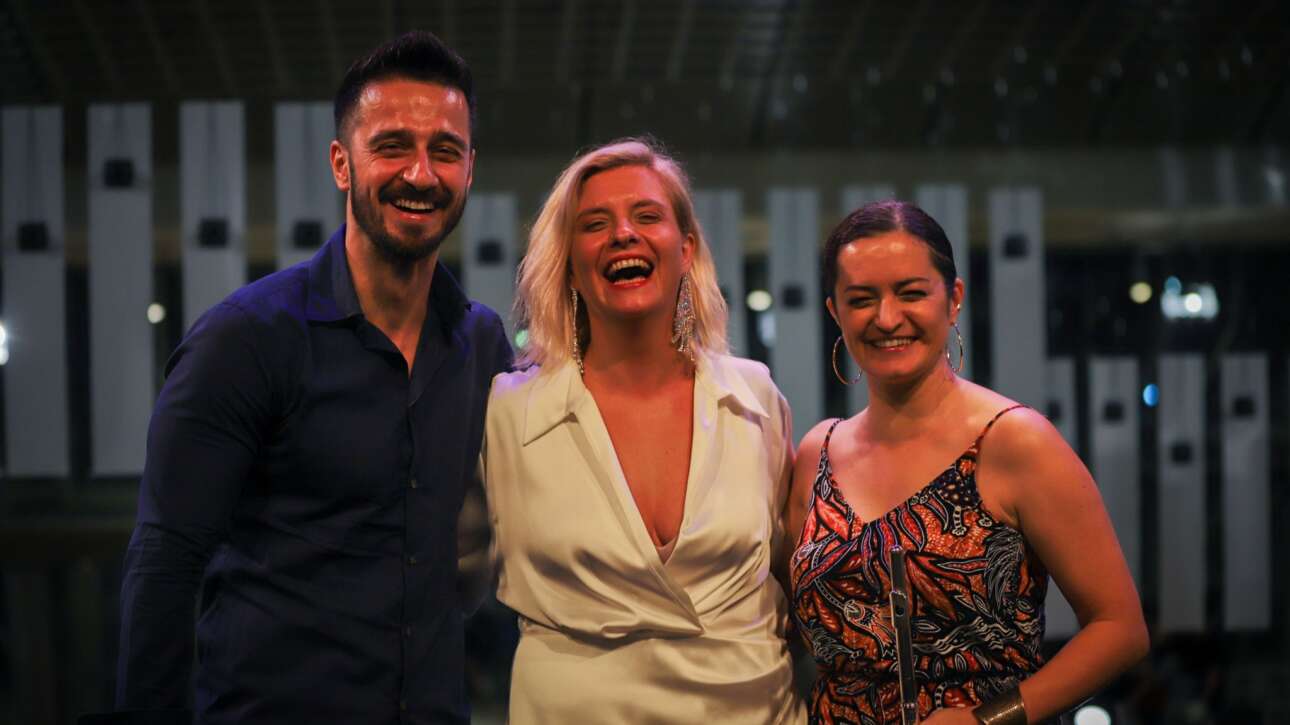 Macedonian music performers Boyana, Stefan and Irena at Esplanade Upper Concourse Singapore