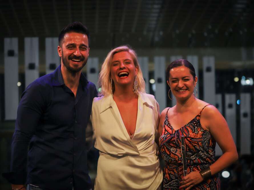 Macedonian music performers Boyana, Stefan and Irena at Esplanade Upper Concourse Singapore